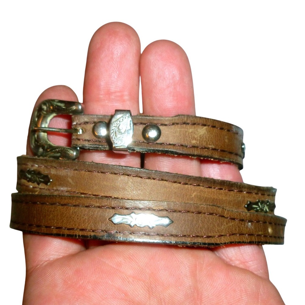 Vintage Kids Leather Western Belt 22-26 German Silverplate Buckle Mexico Hatband